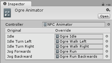 The Animator Override Controller with Ogre versions of the original animation clips