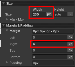 Size and Margin foldouts for the character list