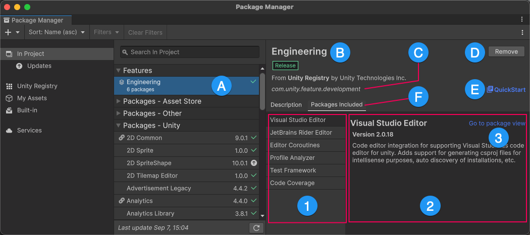 For a feature set, the details panel shows a brief description, a link to the QuickStart guide, and a list of included packages