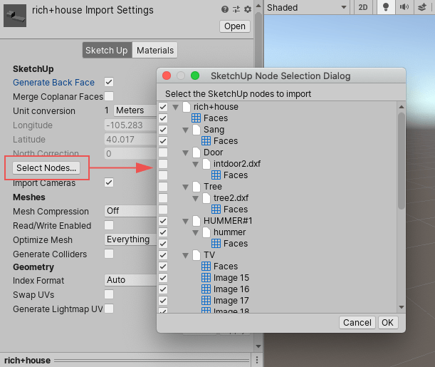 SketchUp Node Selection Dialog window