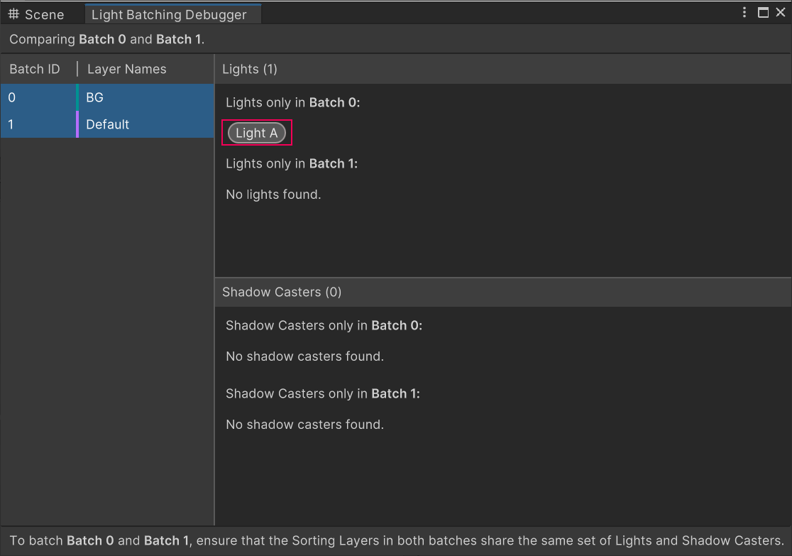 Light Batching Debugger window