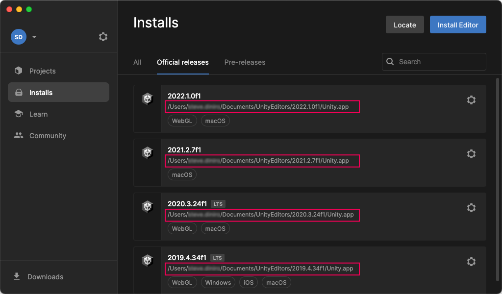 The Installs tab of the Unity Hub shows the location of each installed Editor