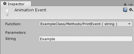 The Inspector window with an Animation Event selected. The PrintEvent method is selected from ExampleClass.