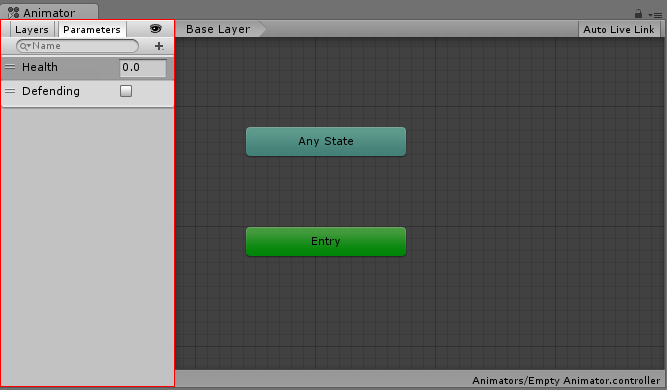 The Parameters view with two parameters created