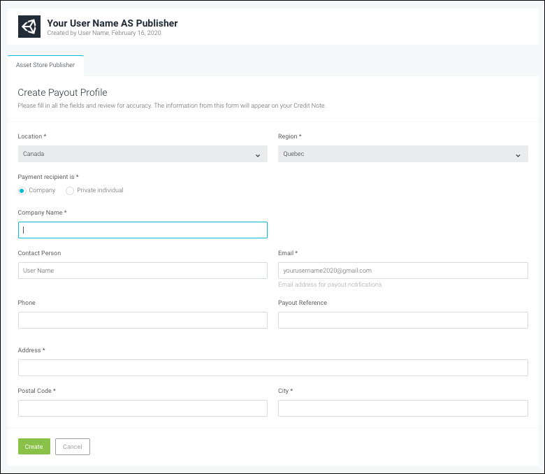 Create Payout Profile page for a Company account