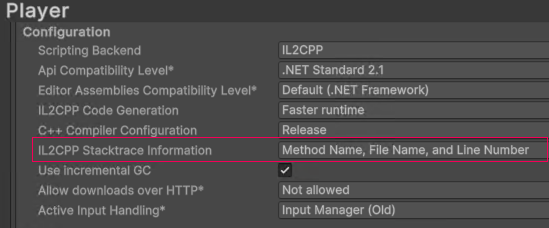 The IL2CPP Stacktrace Information property, set to Method Name, File Name, and Line Number