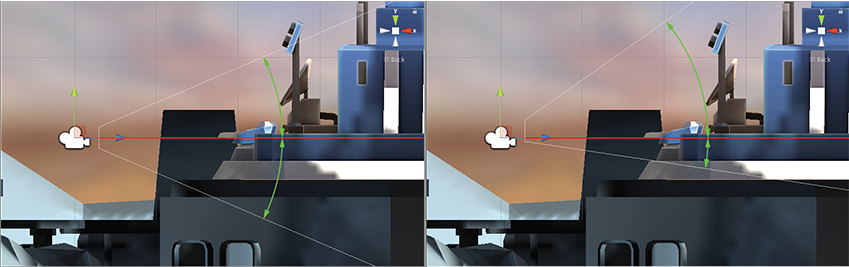 Normally a camera’s frustum is symmetrical (left), meaning the angles on either side of the center line are equal. Shifting the lens (right) makes the frustum oblique, meaning the angle is smaller on one side than on the other. 