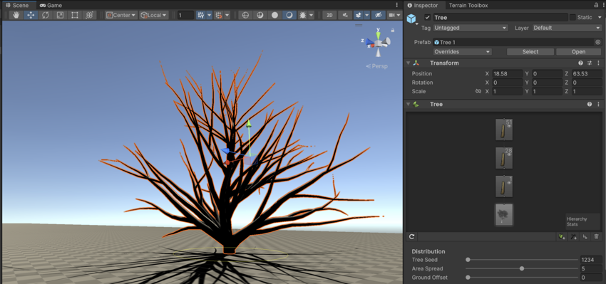 The tree has two branch groups, one growing from the trunk and one growing from the first branch group. The Tree Hierarchy view shows both branch groups, the trunk, and the root node.