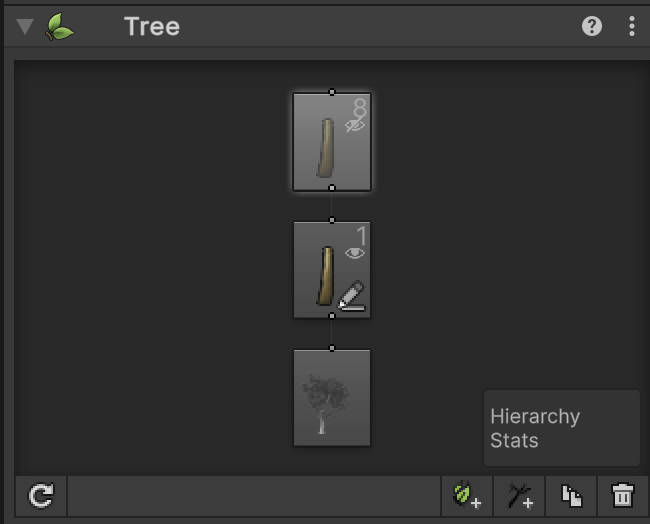 The Tree Hierarchy view showing the tree root node, above it a single trunk, and above that a branch group with eight branches.