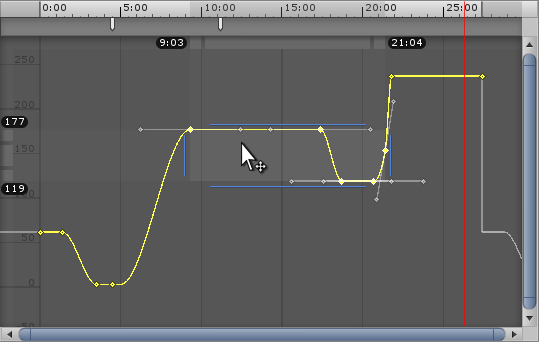 Drag a selection of keys. The start and end times of the Box Selection display under the timeline bar.