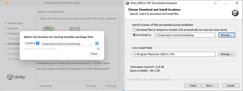 Change the default location to Custom for macOS (left) or Download to for Windows (right)