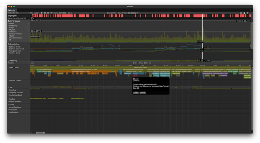 Profiler window with a frame in the CPU Usage Profiler module selected.