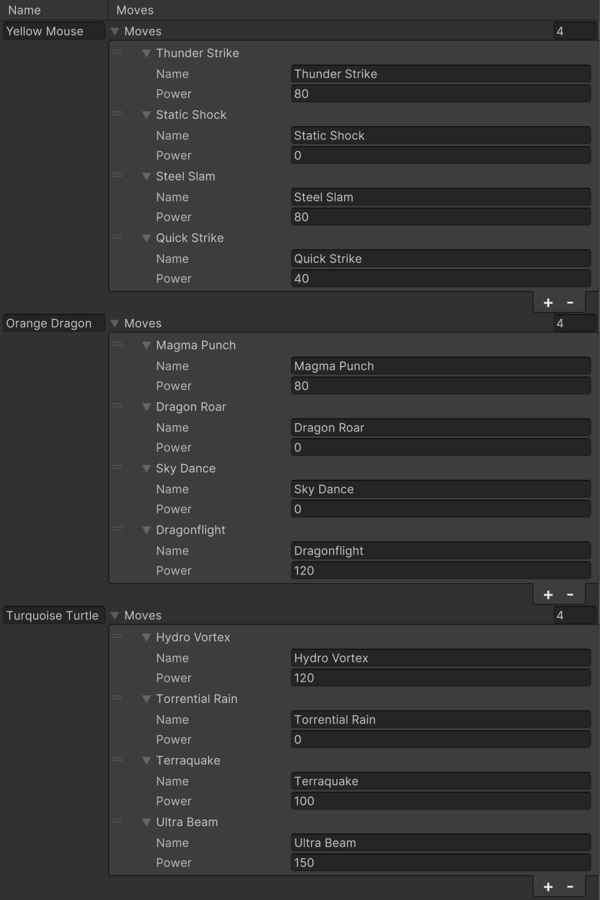 The MultiColumnListView with the Name and Moves columns