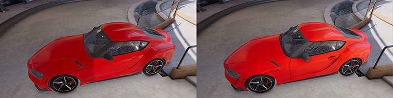 The car model is made up of separate GameObjects. The left scene uses Light Probe Groups, which use per-object lighting, so each part of the car samples a single blended probe value. The right scene uses Adaptive Probe Volumes, which use per-pixel lighting, so each part of the car samples its nearest probes. This image uses the ArchVizPRO Photostudio URP asset from the Unity Asset Store.